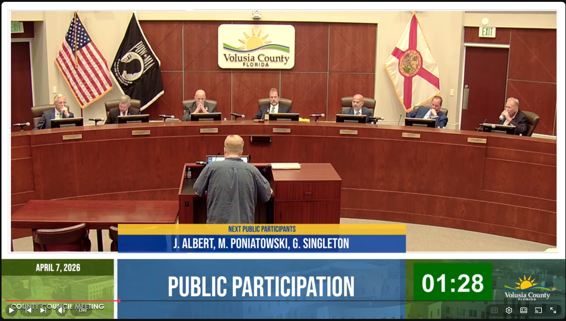 Justin Sandusky speaking at Volusia County Council Public Participation, April 7, 2026