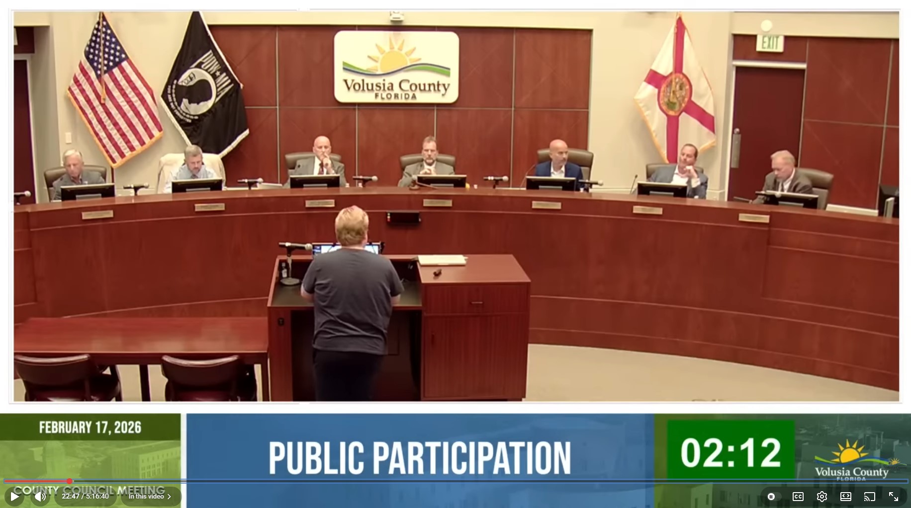 Justin Sandusky speaking at Volusia County Council Public Participation, February 17, 2026