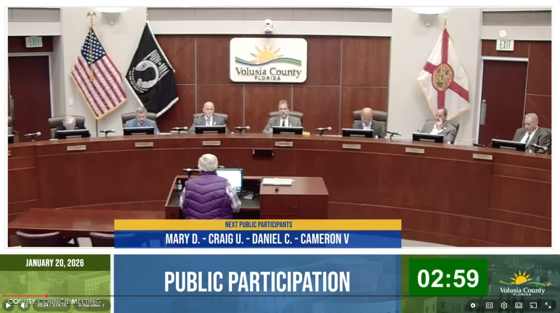 Mary Dickinson speaking at Volusia County Council Public Participation, January 20, 2026