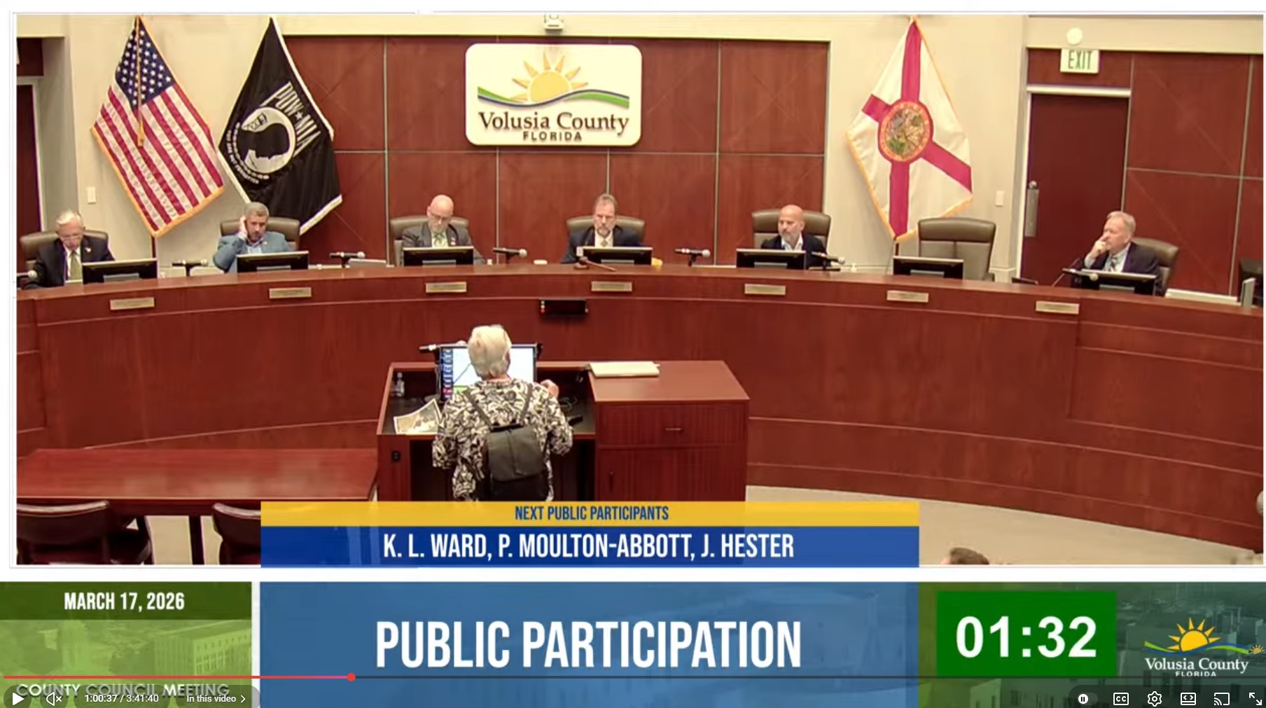 Mary Dickinson speaking at Volusia County Council Public Participation, March 17, 2026
