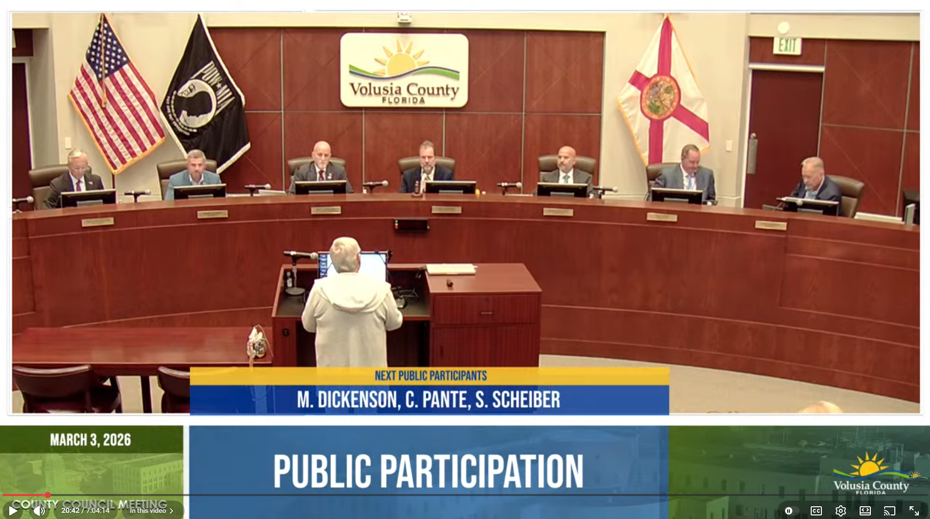 Mary Dickinson speaking at Volusia County Council Public Participation, March 3, 2026