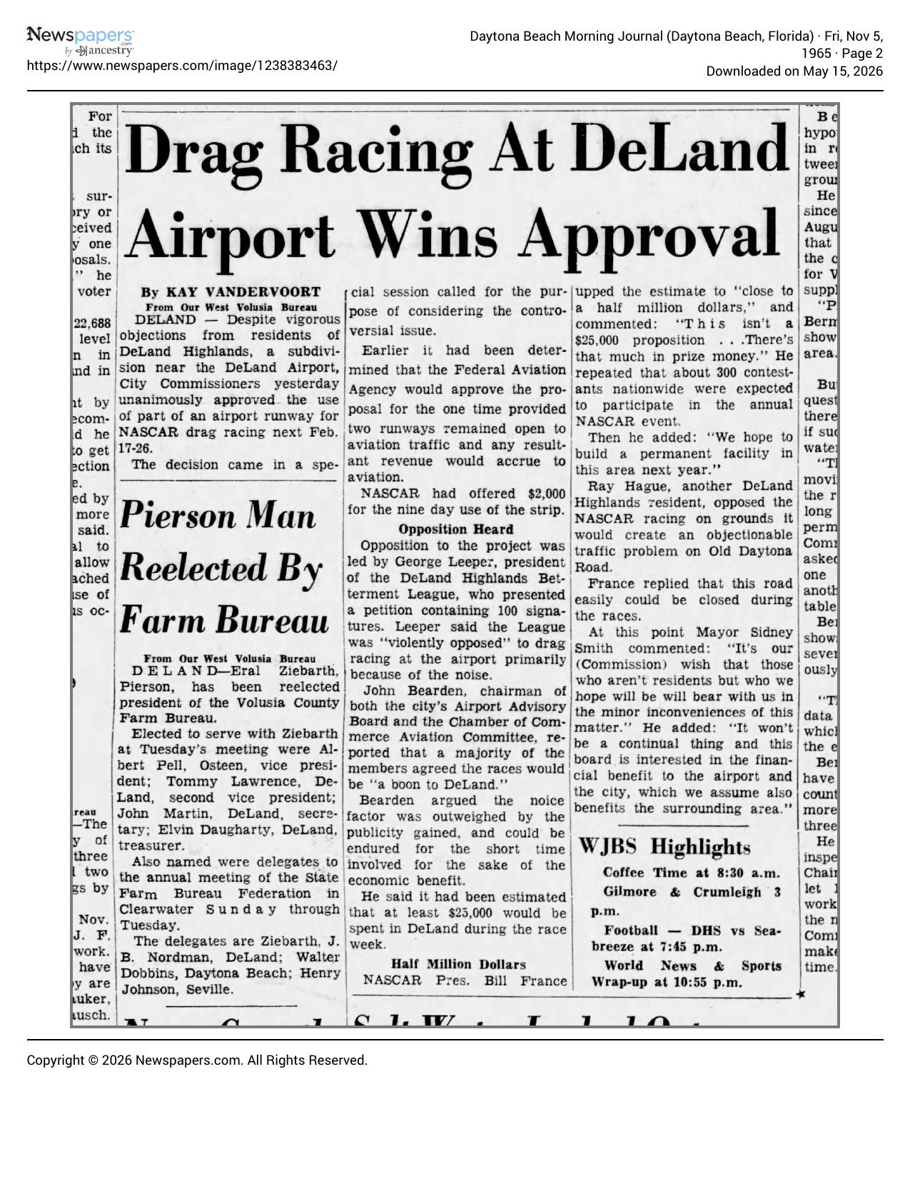 1965 Daytona Beach Morning Journal article on DeLand Highlands Betterment League petition against NASCAR drag racing