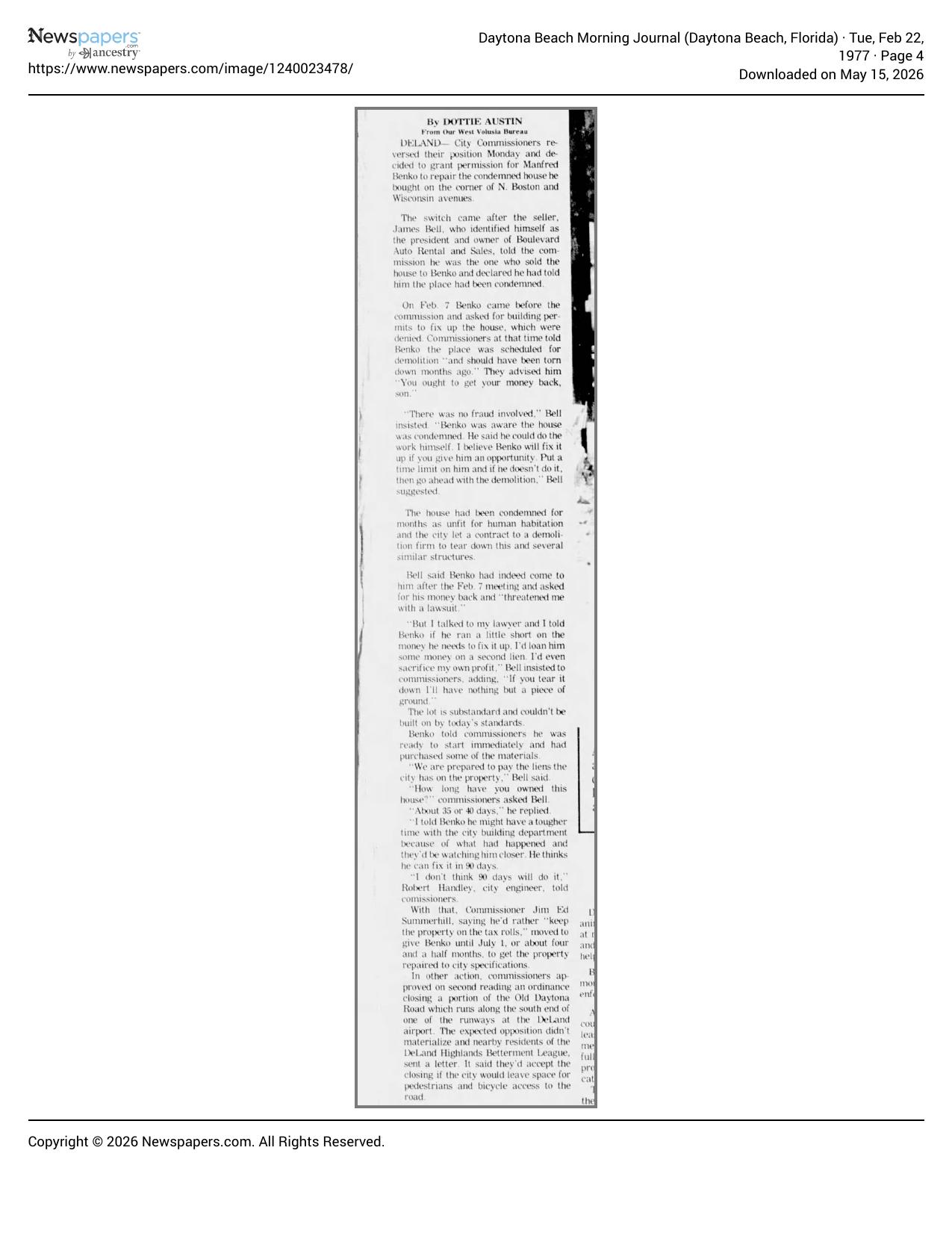 1977 Daytona Beach Morning Journal article on Old Daytona Road closure and Betterment League conditions
