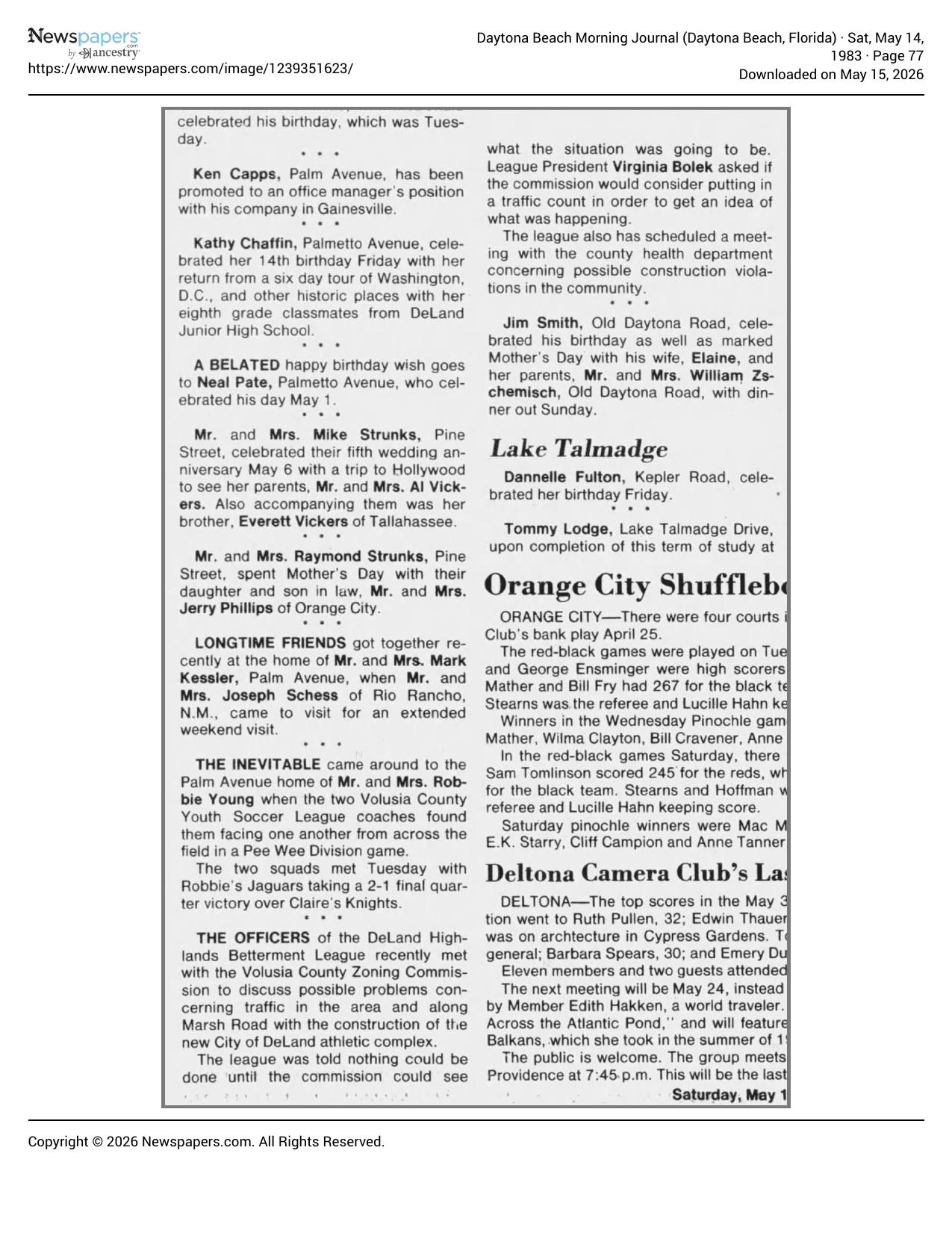 1983 Daytona Beach Morning Journal article on DeLand Highlands Betterment League asking for Marsh Road traffic count