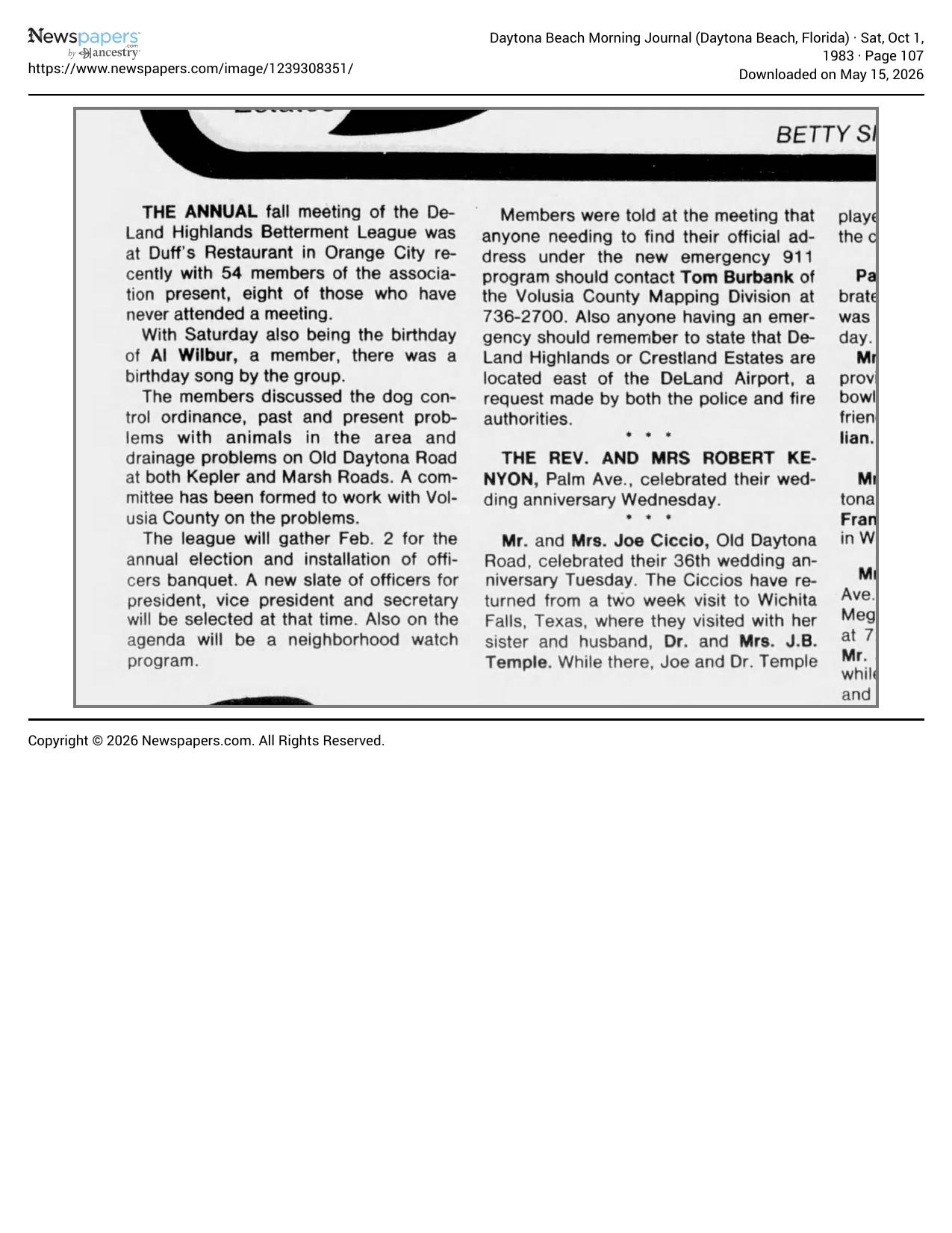 1983 article on DeLand Highlands Betterment League annual meeting addressing Marsh Road drainage
