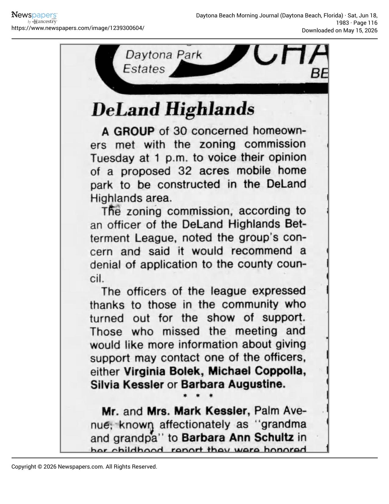 1983 article on 30 DeLand Highlands homeowners opposing mobile home park