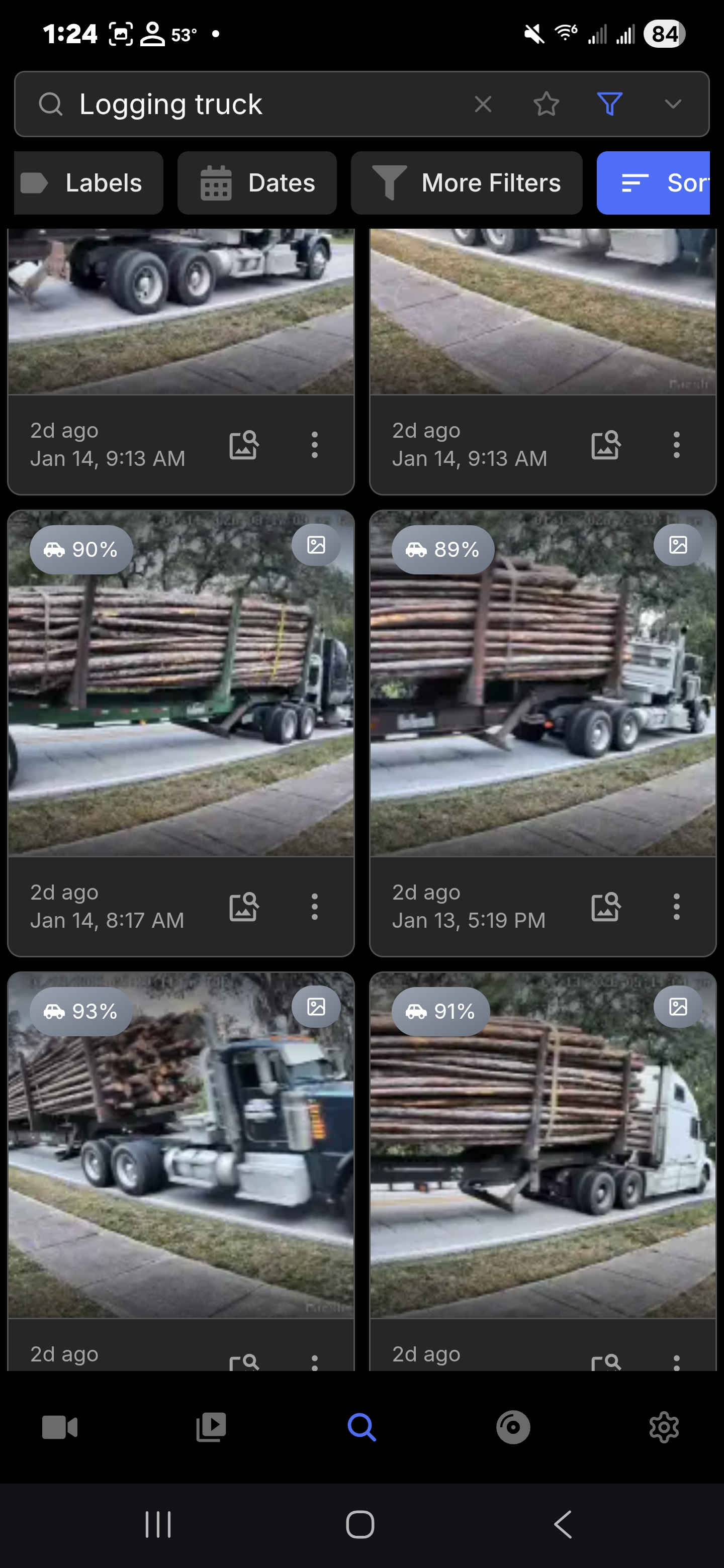Frigate AI detection log showing constant logging-truck disturbances on Marsh Road