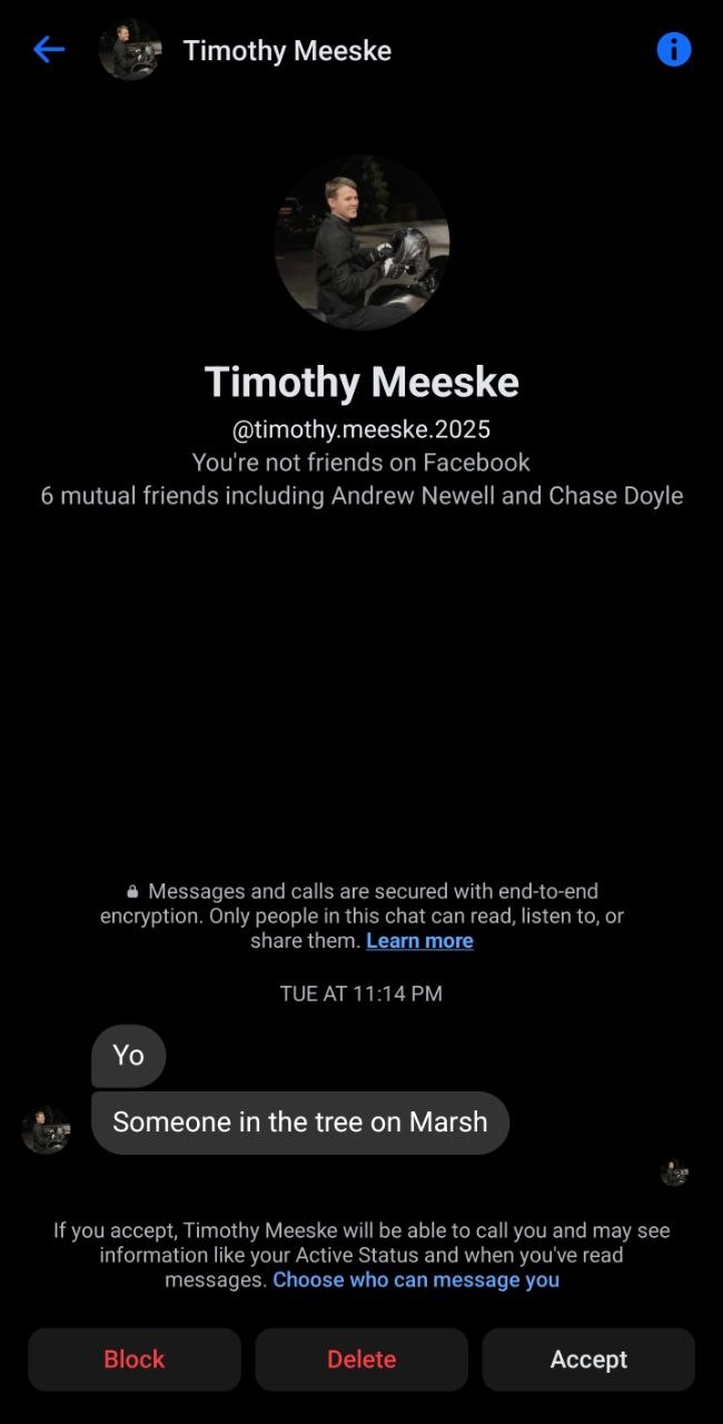 Facebook message screenshot from witness Timothy Meeske, 11:14 PM Tuesday May 12, 2026: 'Yo' / 'Someone in the tree on Marsh'