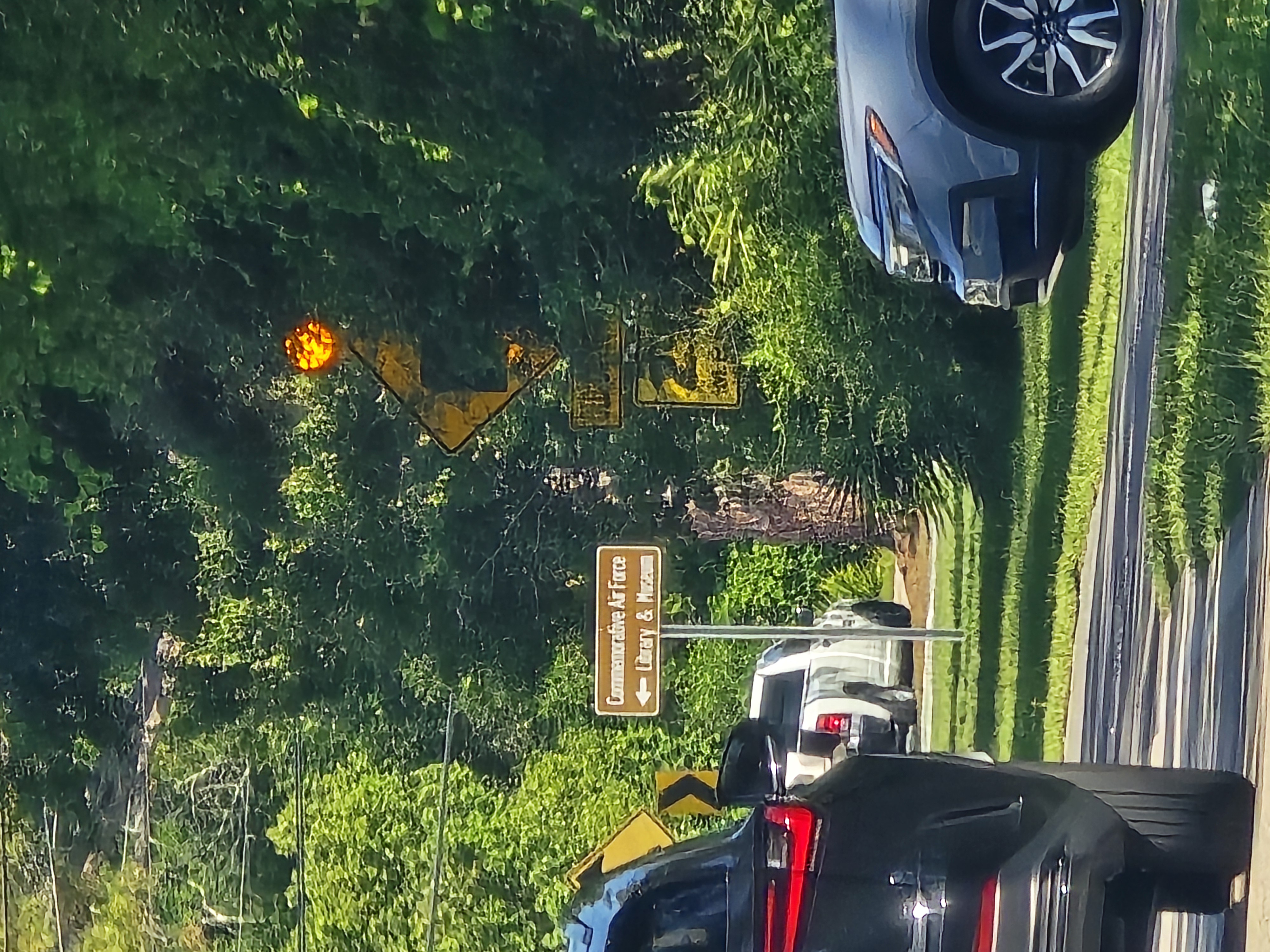 Daytime photo: Turn-ahead sign overgrown by vegetation along Marsh Road